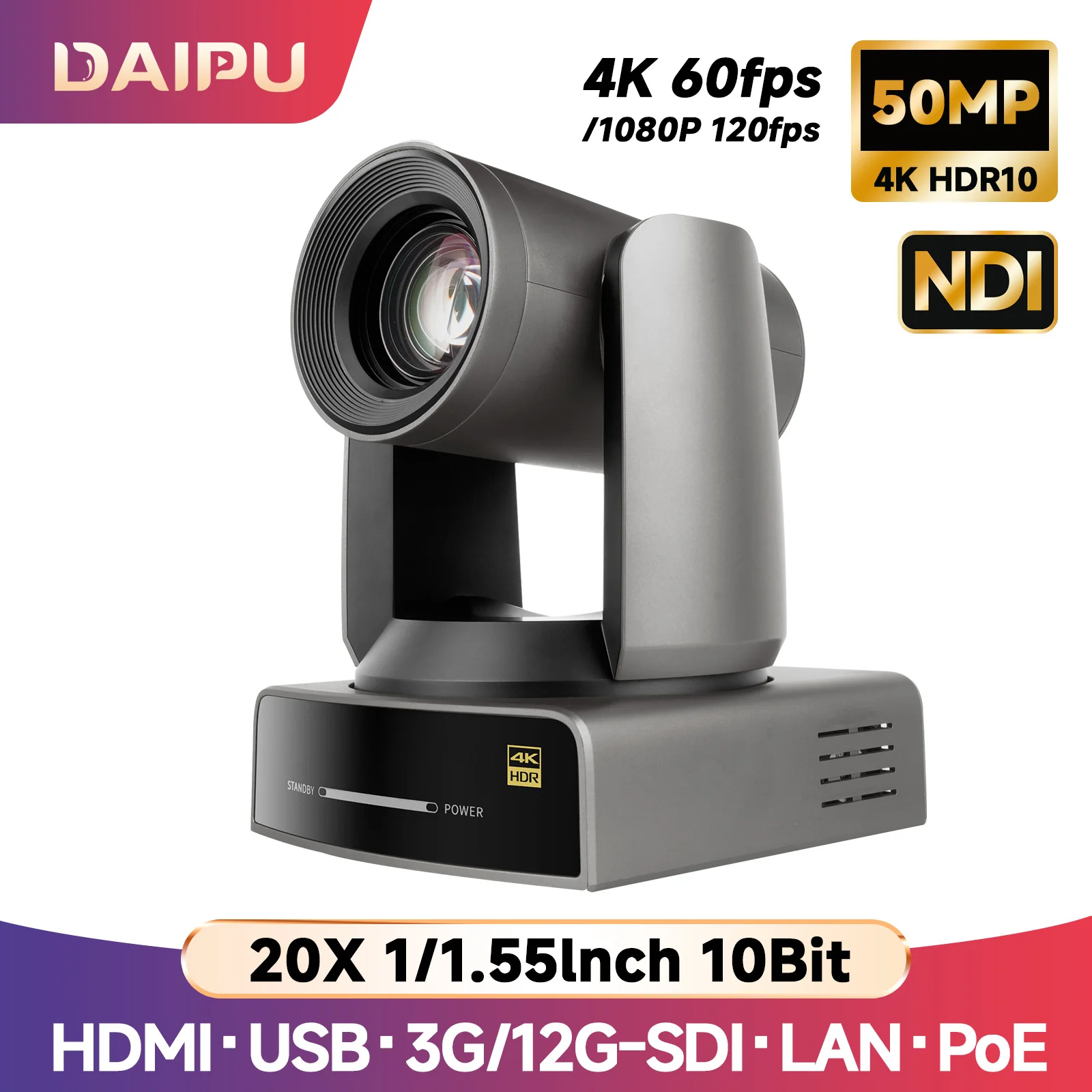 DAIPU PTZ Camera NDI 4K@60fps, 20x Optical Zoom, HDMI, USB, SDI, LAN, PoE, AI Tracking, for Church, Live Conferencing, and YouTube Live
DAIPU PTZ Camera NDI 4K@60fps, 20x Optical Zoom, HDMI, USB, SDI, LAN, PoE, AI Tracking, for Church, Live Conferencing, and YouTube Live