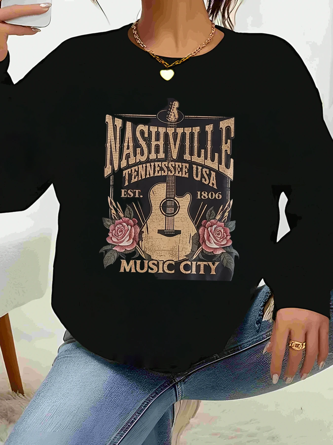 Nashville Tennessee, США, музыка, городская гитара, свитер с длинными рукавами и принтом роз, осень-зима, повседневная одежда для женщин
Nashville Tennessee, США, музыка, городская гитара, свитер с длинными рукавами и принтом роз, осень-зима, повседневная одежда для женщин