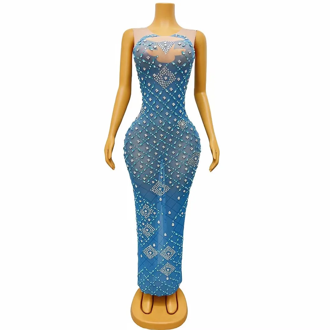 Birthday Celebrate Silver Rhinestones Transparent Blue Mesh Dress Women Dancer Show Evening Costume Prom Party lanshuijing
Birthday Celebrate Silver Rhinestones Transparent Blue Mesh Dress Women Dancer Show Evening Costume Prom Party lanshuijing