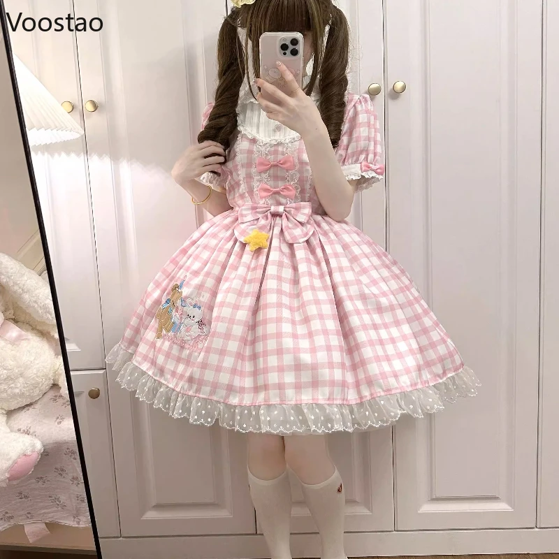 Japanese Kawaii Lolita Jsk Dress Women Sweet Cartoon Rabbit Bear Print Pink Plaid Party Dress Girls Cute Lace Ruffles Bow Dress
Japanese Kawaii Lolita Jsk Dress Women Sweet Cartoon Rabbit Bear Print Pink Plaid Party Dress Girls Cute Lace Ruffles Bow Dress