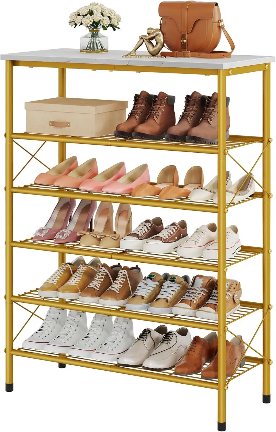 6-Tier Metal Mesh Shoe Rack for 20-24 Pairs, White & Gold X-Frame Closet Organizer
6-Tier Metal Mesh Shoe Rack for 20-24 Pairs, White & Gold X-Frame Closet Organizer