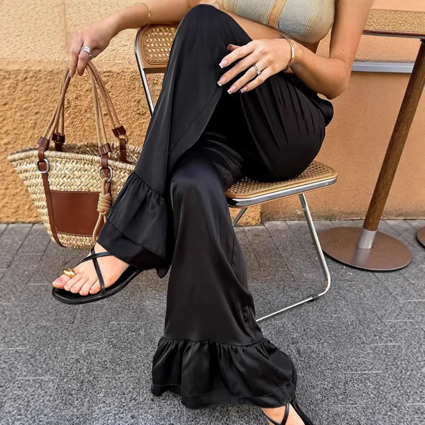Black Satin Wide Leg Pants Women Summer Elegant Ruffle Hem Loose Trousers High Waist Palazzo Pants Casual Vacation Streetwear
Black Satin Wide Leg Pants Women Summer Elegant Ruffle Hem Loose Trousers High Waist Palazzo Pants Casual Vacation Streetwear