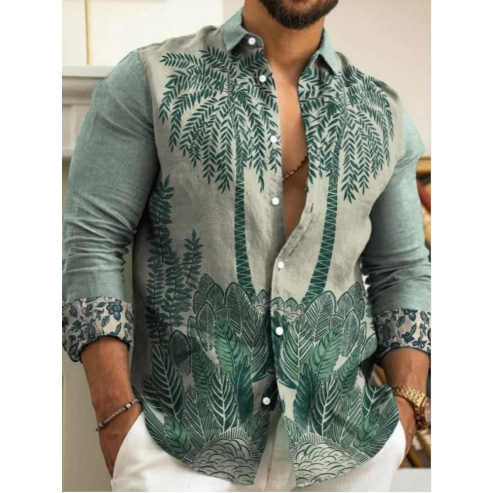 Men's linen casual fashionable long sleeved shirt with unique floral pattern, Hawaiian vacation style linen ethnic style 
Men's linen casual fashionable long sleeved shirt with unique floral pattern, Hawaiian vacation style linen ethnic style