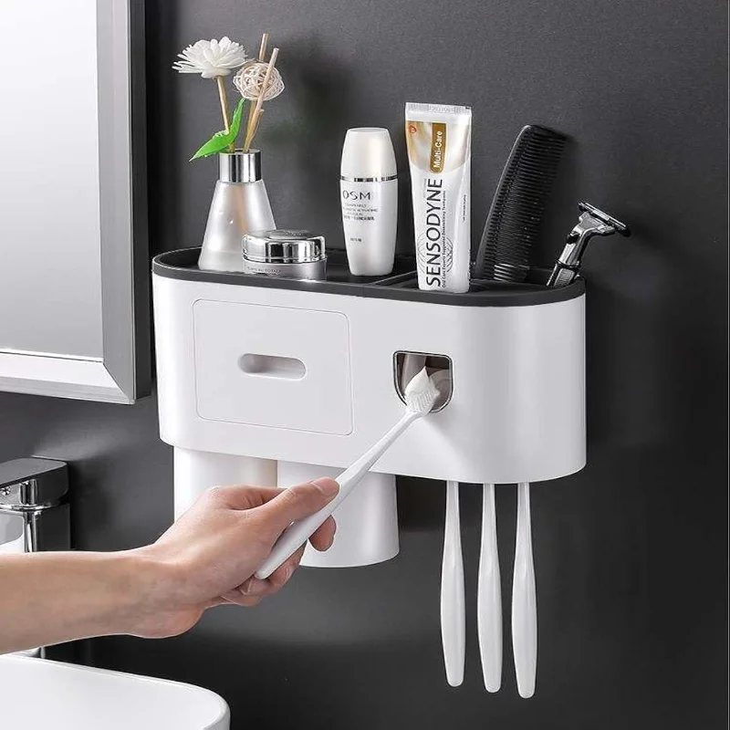 Toothbrush Holder for Bathroom - 2 Cup Wall Mounted with Automatic Toothpaste Dispenser - Large Capacity Tray, Cosmetic Drawer -
Toothbrush Holder for Bathroom - 2 Cup Wall Mounted with Automatic Toothpaste Dispenser - Large Capacity Tray, Cosmetic Drawer -