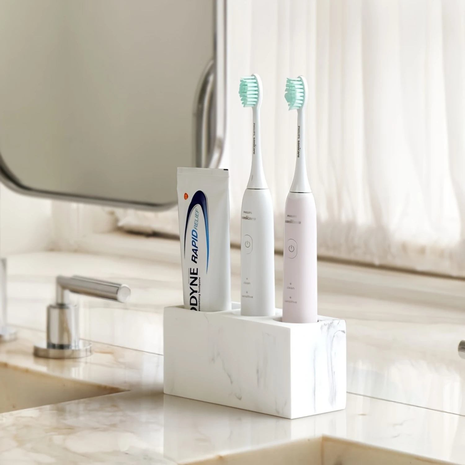 1pc Toothbrush Holder Stand, Toothbrush Holder For Bathroom, Imitation Marble Pattern Countertop Bathroom Organizer, Multifunct
1pc Toothbrush Holder Stand, Toothbrush Holder For Bathroom, Imitation Marble Pattern Countertop Bathroom Organizer, Multifunct