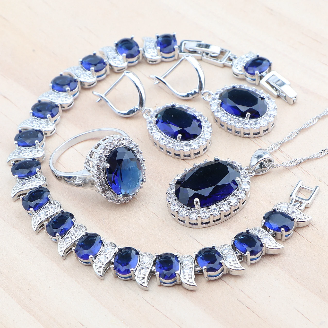925 Silver Jewelry Sets Wedding Blue Zircon Earrings Bracelets Rings Pendant Necklace Set For Women
925 Silver Jewelry Sets Wedding Blue Zircon Earrings Bracelets Rings Pendant Necklace Set For Women