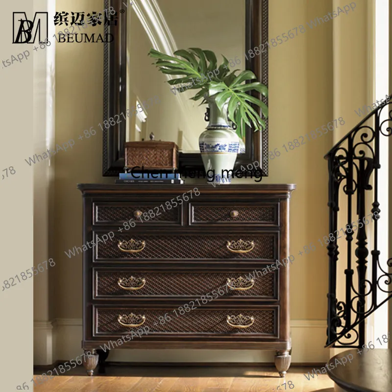 American retro old dark coffee solid wood bucket cabinet Hawaiian style decorative side cabinet customization
American retro old dark coffee solid wood bucket cabinet Hawaiian style decorative side cabinet customization