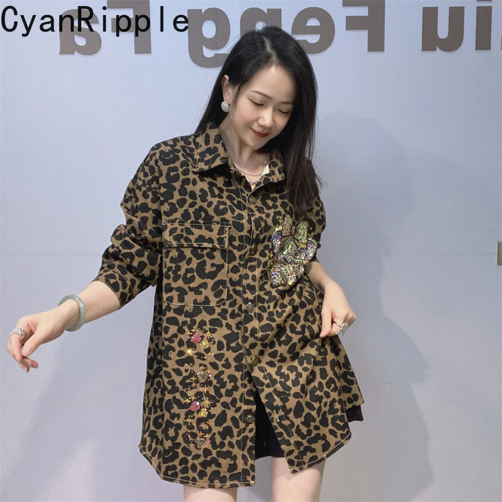 American Leopard Long Sleeve Women Denim Blouses Oversize Hot Diamonds Loose Cardigans Coat Mid-long Casual Female Shirts
American Leopard Long Sleeve Women Denim Blouses Oversize Hot Diamonds Loose Cardigans Coat Mid-long Casual Female Shirts