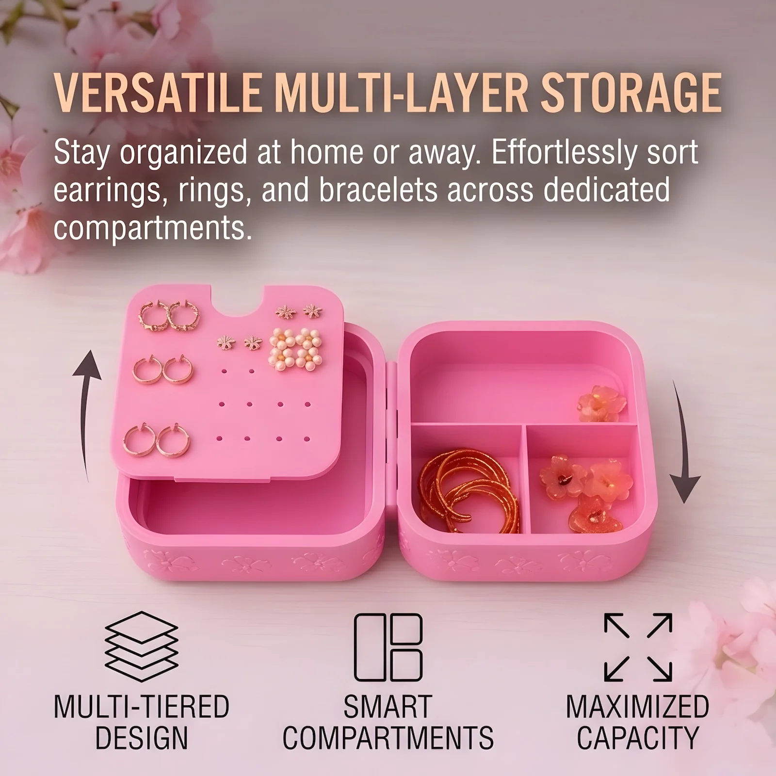 Portable 3D Printed Jewelry Box Mini Travel Organizer Case Cute Pink Cherry Blossom Earring Ring Storage for Women
Portable 3D Printed Jewelry Box Mini Travel Organizer Case Cute Pink Cherry Blossom Earring Ring Storage for Women