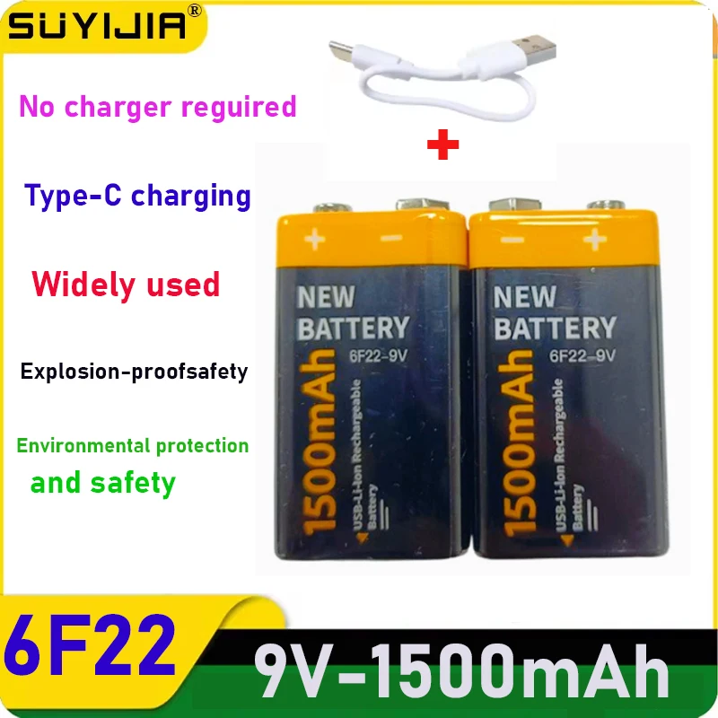 9V 6F22 1500mAh USB Rechargeable Li-ion Battery Pack Type-C Port for Microphone Multimeter Toy Remote Control Instrument Meter
9V 6F22 1500mAh USB Rechargeable Li-ion Battery Pack Type-C Port for Microphone Multimeter Toy Remote Control Instrument Meter