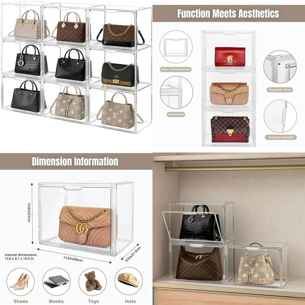 Clear Acrylic Stackable Purse Organizer with Magnetic Door and Dustproof Lid for Closet Storage of Handbags, Books, Toys, Shoes,
Clear Acrylic Stackable Purse Organizer with Magnetic Door and Dustproof Lid for Closet Storage of Handbags, Books, Toys, Shoes,