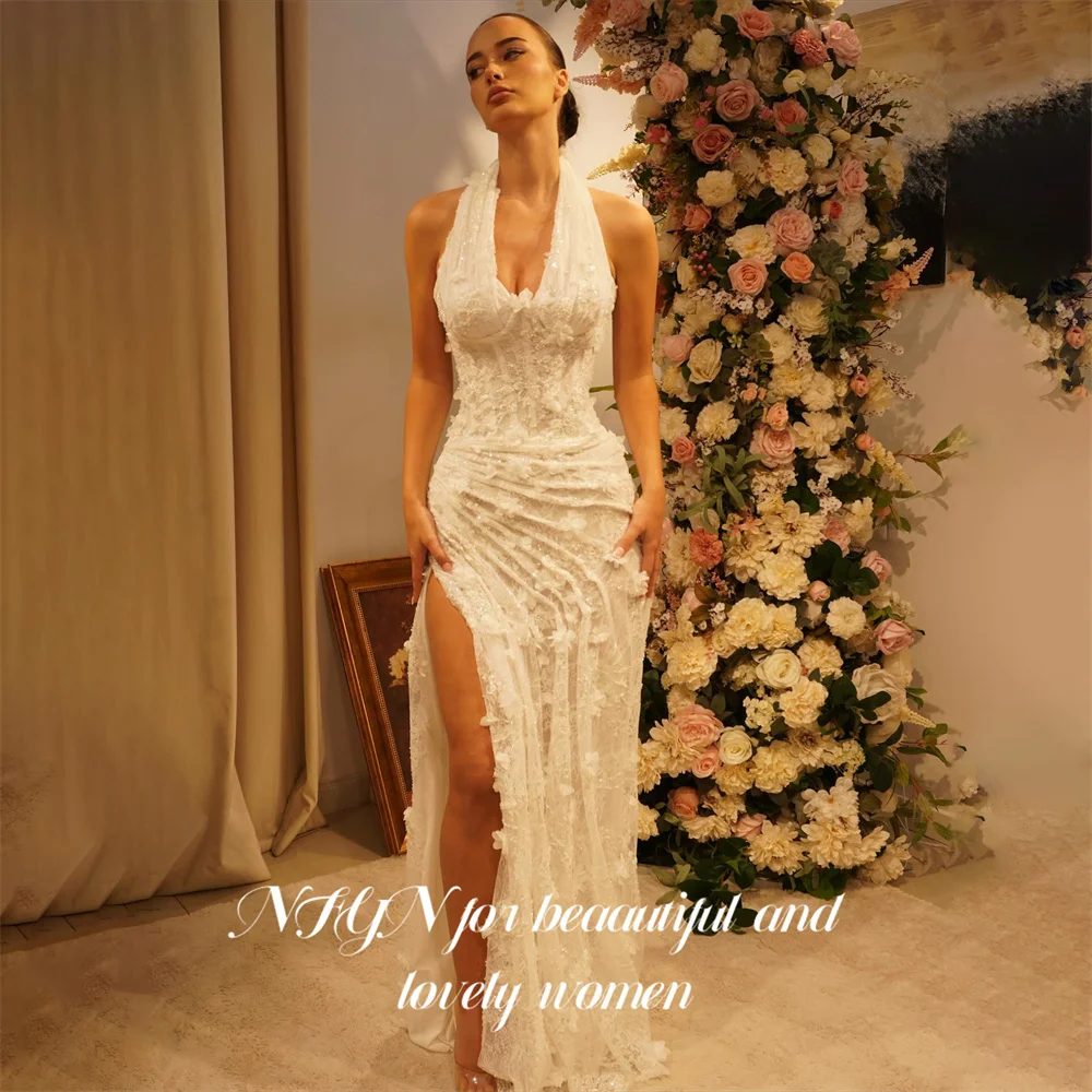 NFYN White Lace Evening Dresses Halter Neck Sleeveless Party Dresses with 3D Flowers Mermaid Prom Gown robes du soir Customized
NFYN White Lace Evening Dresses Halter Neck Sleeveless Party Dresses with 3D Flowers Mermaid Prom Gown robes du soir Customized