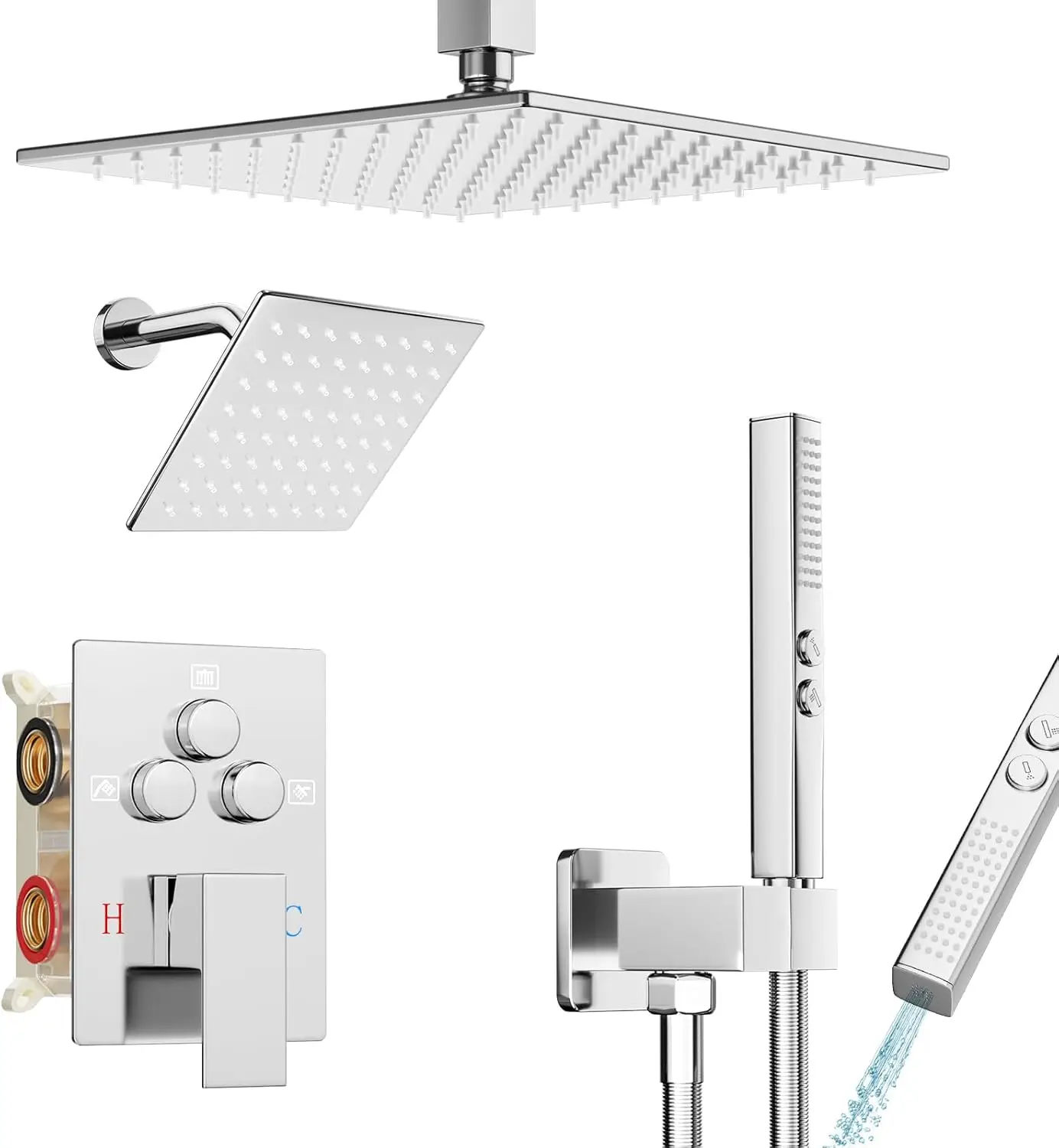 10 Inch Ceiling Mount Rain Shower Head with Wall Mount 6 Inch Head and Handheld Spray, Push Button Diverter, Solid Brass Valve
10 Inch Ceiling Mount Rain Shower Head with Wall Mount 6 Inch Head and Handheld Spray, Push Button Diverter, Solid Brass Valve