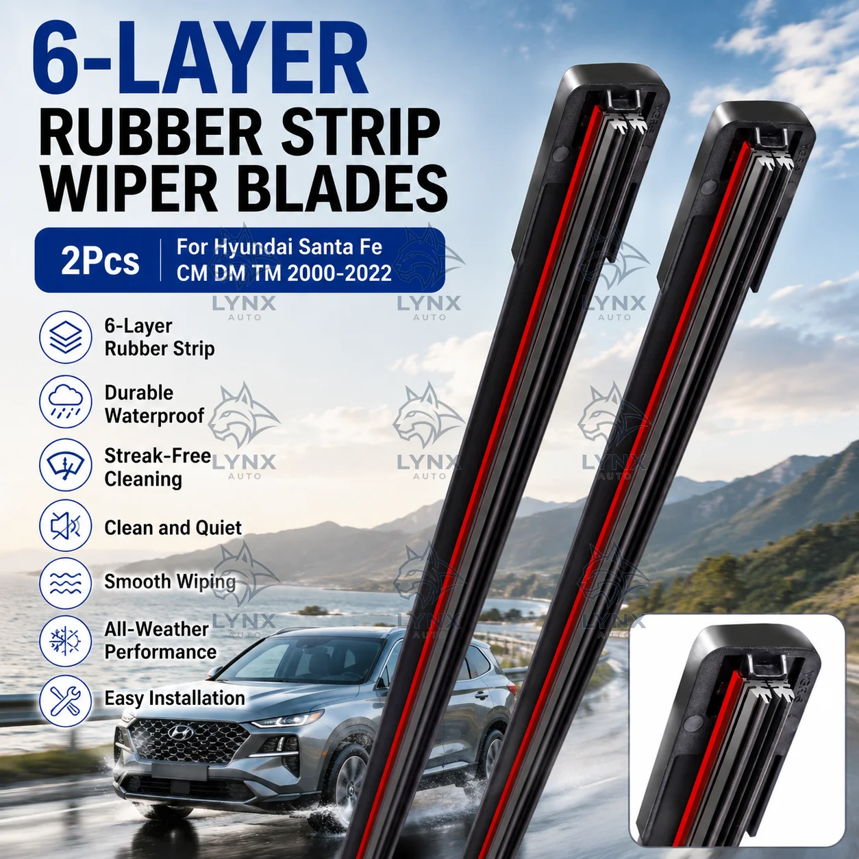 2Pcs 6-Layer Rubber Strip Wiper Blade Durable Waterproof For Hyundai Santa Fe CM DM TM 2000-2022 Auto Wiper
2Pcs 6-Layer Rubber Strip Wiper Blade Durable Waterproof For Hyundai Santa Fe CM DM TM 2000-2022 Auto Wiper