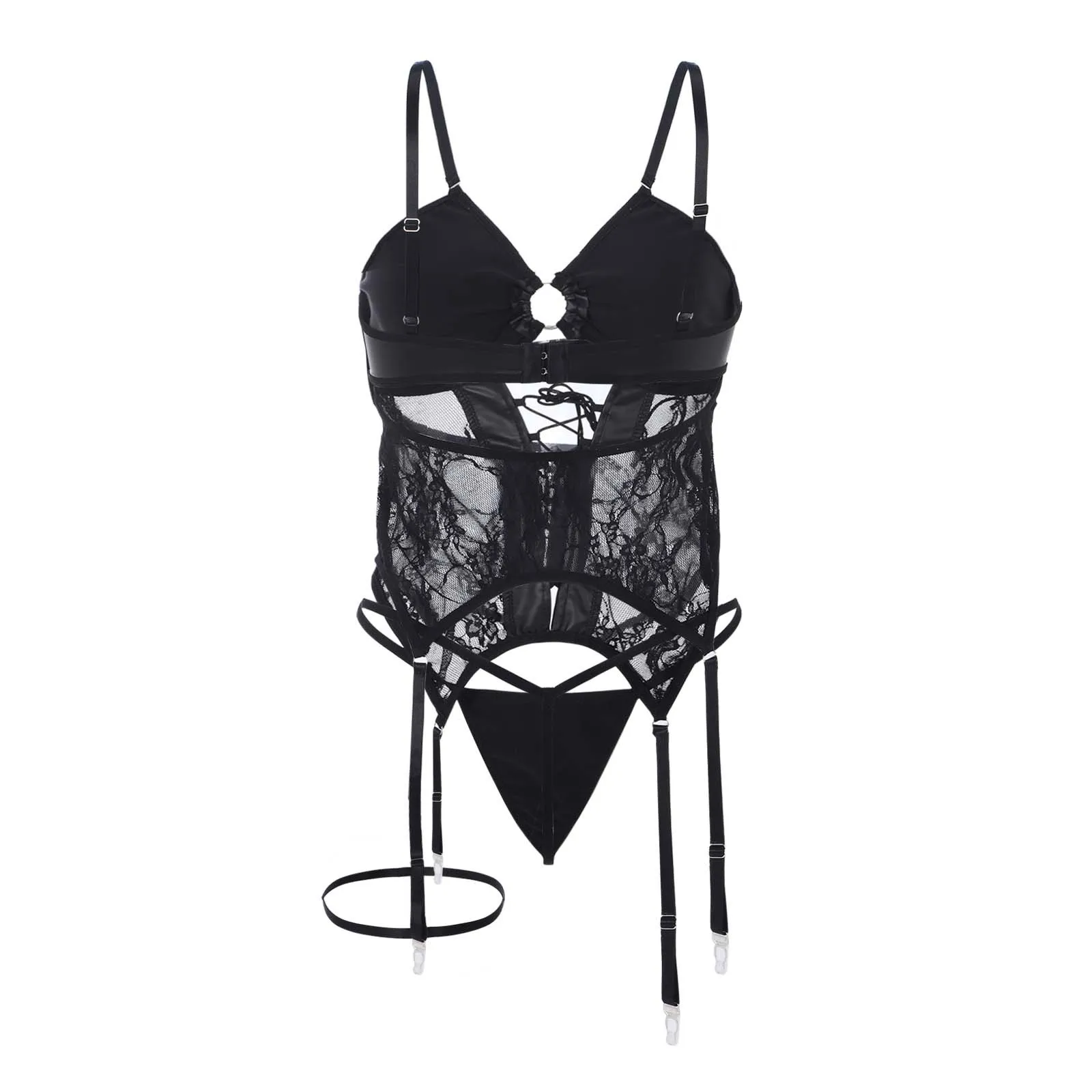Sexy Lace Lingerie Set Women Lacquer Leather Hollow Out Bodysuit Backless Thongs Thigh Rings 3pc Erotic Perspective Intimates
Sexy Lace Lingerie Set Women Lacquer Leather Hollow Out Bodysuit Backless Thongs Thigh Rings 3pc Erotic Perspective Intimates