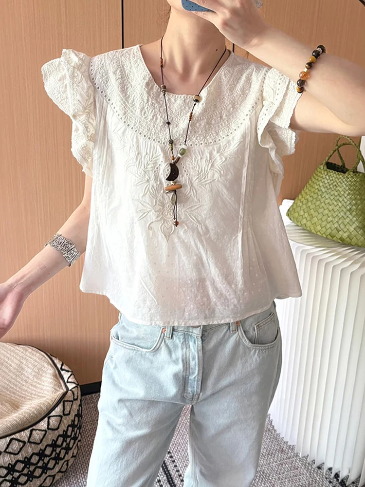 Elegant Embroidered Ruffle Sleeve Top Double Layer round Neck Overhead Cotton Summer Shirt French Style Loose Fit Pure Cotton
Elegant Embroidered Ruffle Sleeve Top Double Layer round Neck Overhead Cotton Summer Shirt French Style Loose Fit Pure Cotton