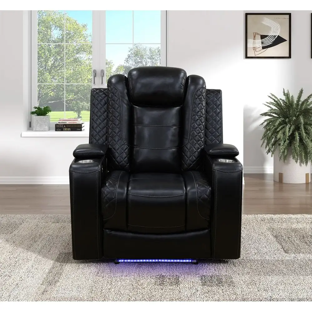 Black Leather Power Recliner with LED Lights and Cup Holder for Home Theater or Small Spaces
Black Leather Power Recliner with LED Lights and Cup Holder for Home Theater or Small Spaces