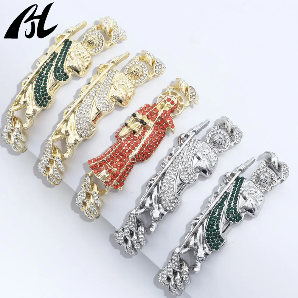Golden Gilded Cuban Chain Full of Diamonds Inlaid with Green and White Stones Saint Judas Death God Bracelet
Golden Gilded Cuban Chain Full of Diamonds Inlaid with Green and White Stones Saint Judas Death God Bracelet