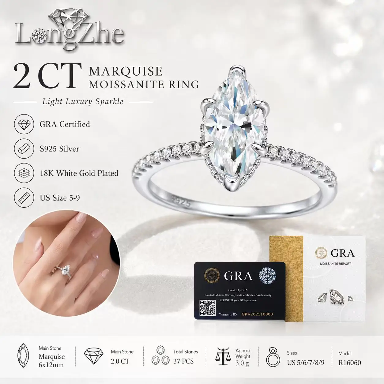 2CT Marquise Cut Moissanite Engagement Ring 925 Sterling Silver Pave Band Promise Ring for Women Luxury Bridal Style
2CT Marquise Cut Moissanite Engagement Ring 925 Sterling Silver Pave Band Promise Ring for Women Luxury Bridal Style
