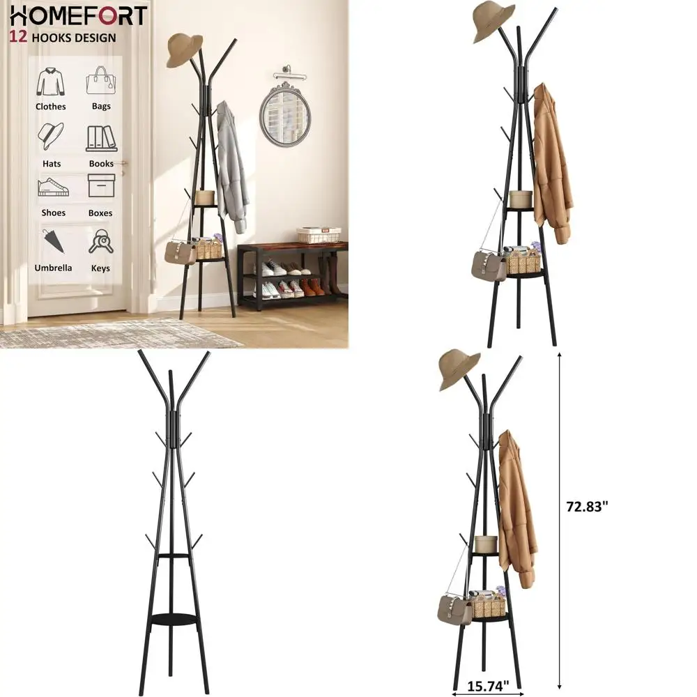 Black Metal Coat Rack with 2 Shelves and 12 Hooks for Hats, Coats, and Scarves
Black Metal Coat Rack with 2 Shelves and 12 Hooks for Hats, Coats, and Scarves