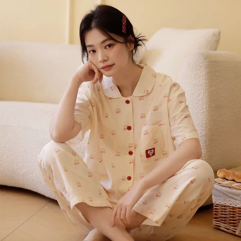 Soft Breathable 100% Cotton Pajamas Women Summer Cherry Print Sleepwear Set Cute Button Up Short Sleeve Loungewear
Soft Breathable 100% Cotton Pajamas Women Summer Cherry Print Sleepwear Set Cute Button Up Short Sleeve Loungewear