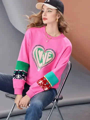 Women’s Pink Knit Patchwork Sweatshirt LOVE Graphic Pullover Casual Straight Fit Color Block Winter Warm Knitted Sleeve Top