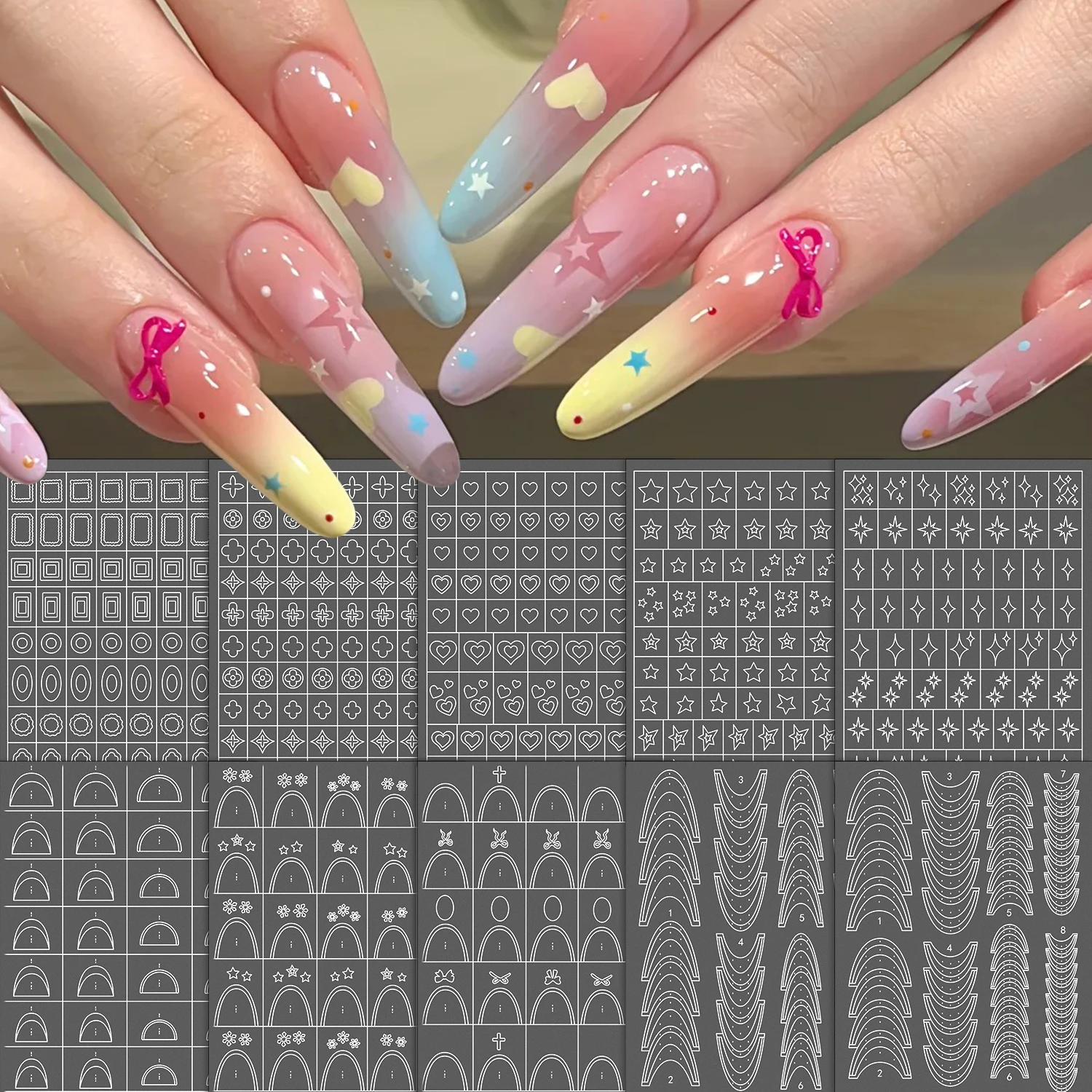 1pc 3D Hollow French Tip Nail Guides V-Shaped French Star Heart Strips Stencils Nail Sticker Airbrush Manicure Tips Stencil Tool
1pc 3D Hollow French Tip Nail Guides V-Shaped French Star Heart Strips Stencils Nail Sticker Airbrush Manicure Tips Stencil Tool
