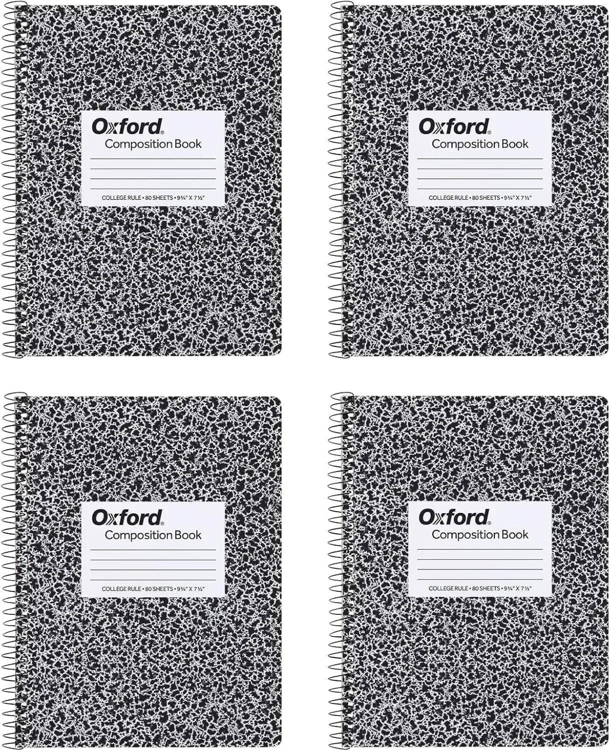 4-Pack Spiral Composition Notebooks: College Ruled, 80 Sheets Each, Black Marble Cover
4-Pack Spiral Composition Notebooks: College Ruled, 80 Sheets Each, Black Marble Cover