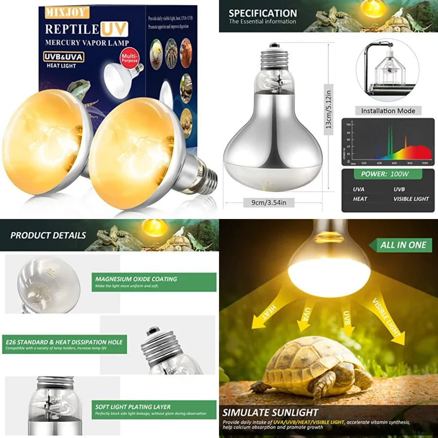 2 Pack 100W Reptile Heat Lamp Bulb Full Spectrum UVA UVB Sun Light for Reptile and Amphibian Use
2 Pack 100W Reptile Heat Lamp Bulb Full Spectrum UVA UVB Sun Light for Reptile and Amphibian Use