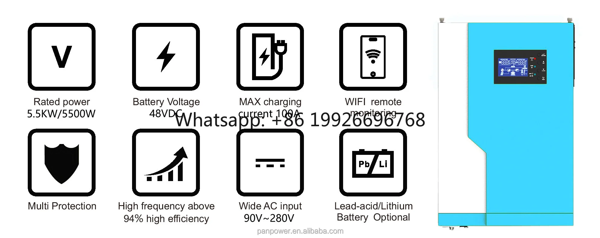 Высококачественный автономный однофазный 48 В постоянного тока 5,5 кВА 5500 Вт 5,5 кВт солнечный гибридный инвертор с заводским MPPT 
Высококачественный автономный однофазный 48 В постоянного тока 5,5 кВА 5500 Вт 5,5 кВт солнечный гибридный инвертор с заводским MPPT
