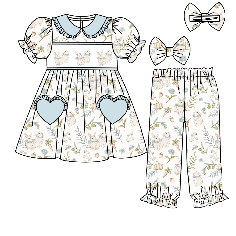 Easter new short-sleeved trousers for girls with bunny print blue and pink heart pocket style boutique set
Easter new short-sleeved trousers for girls with bunny print blue and pink heart pocket style boutique set