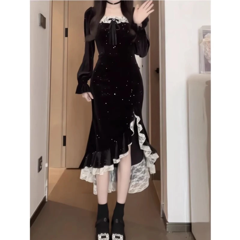 2024 Spring Fall Women Lace Patchwork Vintage Black Irregular Velvet Dress , Woman Clothing Slim Trumpet Velour Dresses
2024 Spring Fall Women Lace Patchwork Vintage Black Irregular Velvet Dress , Woman Clothing Slim Trumpet Velour Dresses