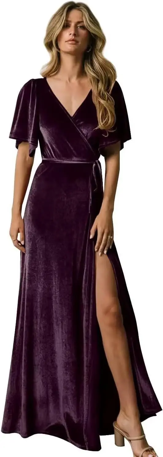 Women's a line Velvet Bridesmaid Dresses Flutter Sleeve V Neck Wrap A Line Formal Evening Party Dresses with Slit
Women's a line Velvet Bridesmaid Dresses Flutter Sleeve V Neck Wrap A Line Formal Evening Party Dresses with Slit
