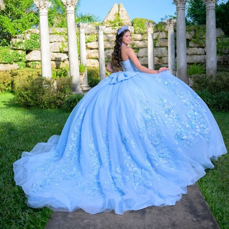 Sky Blue Shiny Ball Gown Quinceanera Dresses 2026 Applique Lace Beading Crystal Bow Corset Tull Off Shoulder Sweet 16 Dress
Sky Blue Shiny Ball Gown Quinceanera Dresses 2026 Applique Lace Beading Crystal Bow Corset Tull Off Shoulder Sweet 16 Dress