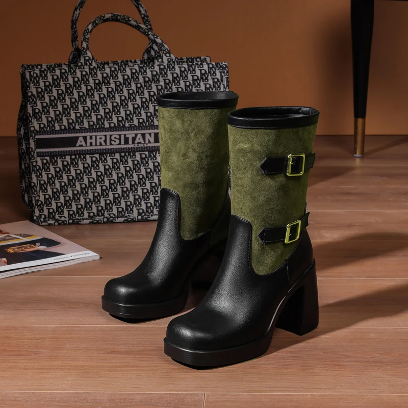 Square Toe Ultra High Thick Heel Matte Float Patchwork PU Women's Mid Length Boots For Winter Thick Plush Lining Shoes
Square Toe Ultra High Thick Heel Matte Float Patchwork PU Women's Mid Length Boots For Winter Thick Plush Lining Shoes