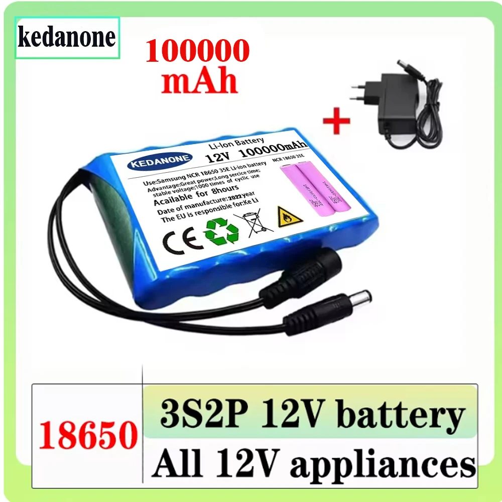 18650 3S2P 12V 100000mah Original Lithium Ion Battery DC 12.6V Rechargeable CCTV, Camera Monitor Replacement Battery+Charger
18650 3S2P 12V 100000mah Original Lithium Ion Battery DC 12.6V Rechargeable CCTV, Camera Monitor Replacement Battery+Charger