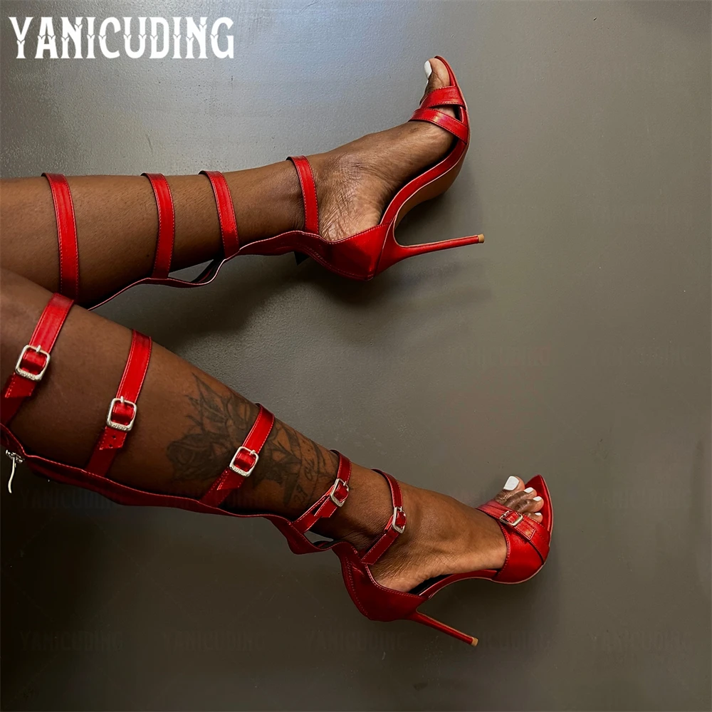 Pointed Open Toe Sexy Sandals Boots Metal Buckles Straps Summer Shoes Women Sexy Red Grained PU Patent Leather High Heels Custom
Pointed Open Toe Sexy Sandals Boots Metal Buckles Straps Summer Shoes Women Sexy Red Grained PU Patent Leather High Heels Custom