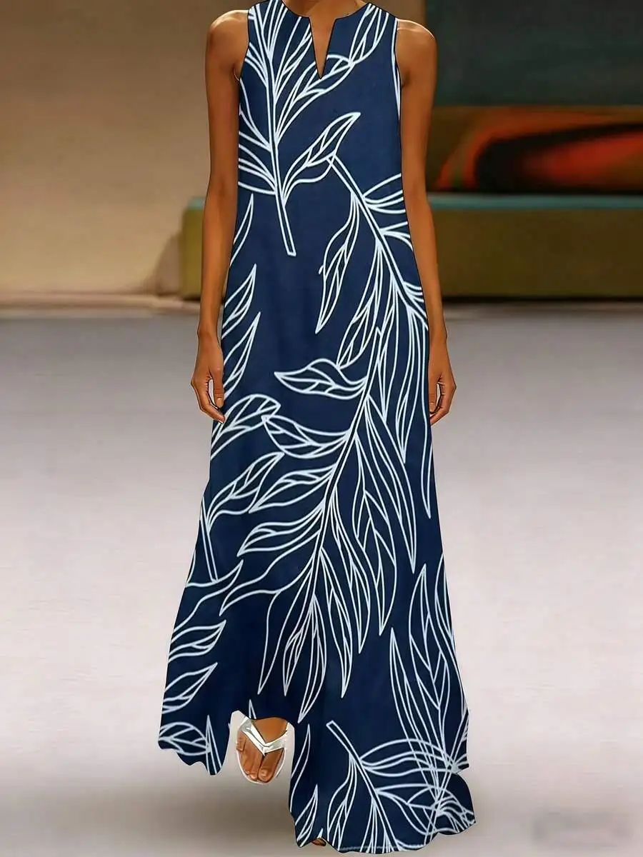 Women V Neck Sleeveless Maxi Dress With Leaf Print Loose Fit Casual Long Dress
Women V Neck Sleeveless Maxi Dress With Leaf Print Loose Fit Casual Long Dress