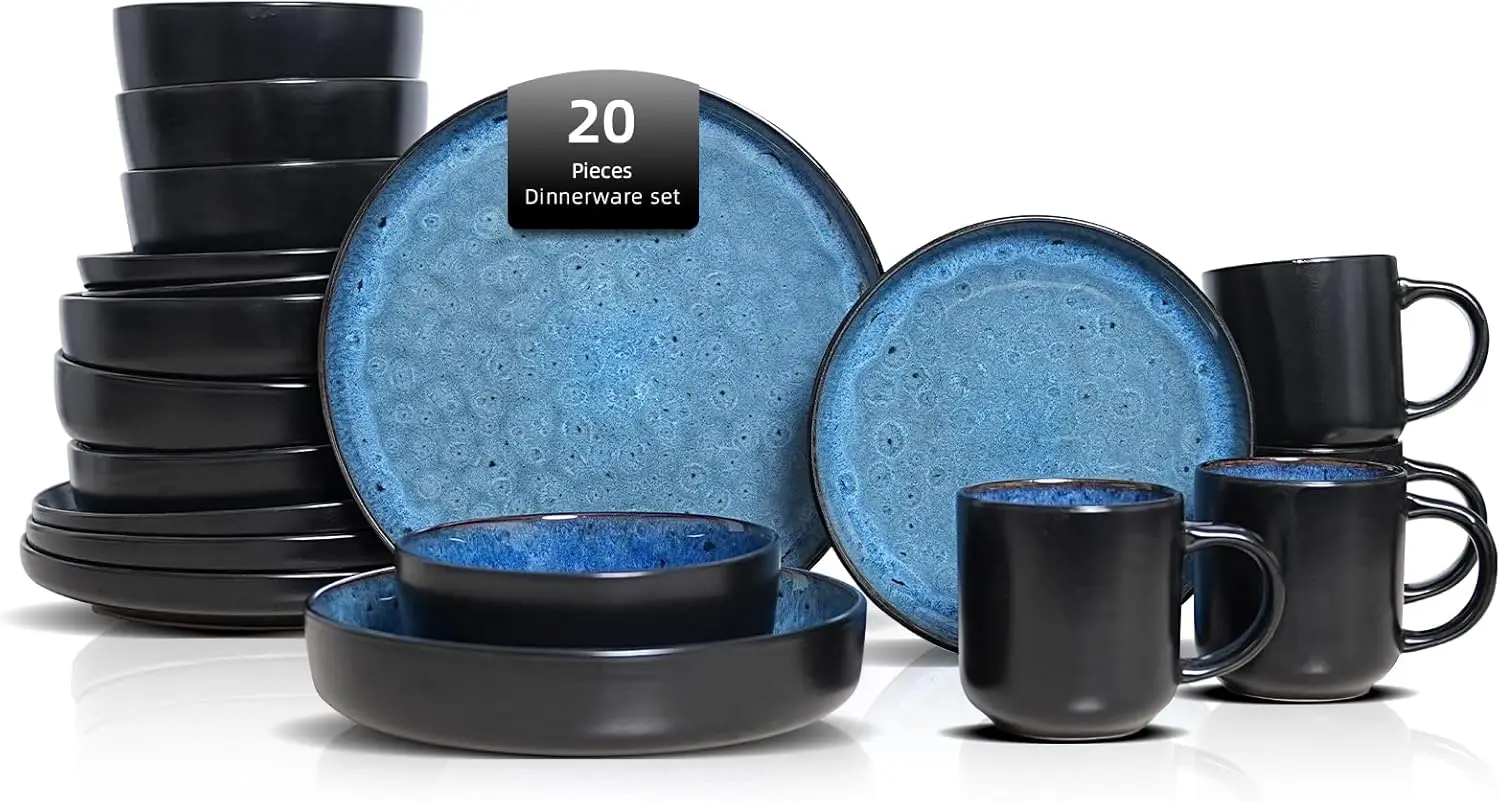 20-Piece Dinnerware Set - Serves 4, Reactive Glaze Bubble Blue Plates & Bowls Set | Microwave & Dishwasher Safe
20-Piece Dinnerware Set - Serves 4, Reactive Glaze Bubble Blue Plates & Bowls Set | Microwave & Dishwasher Safe