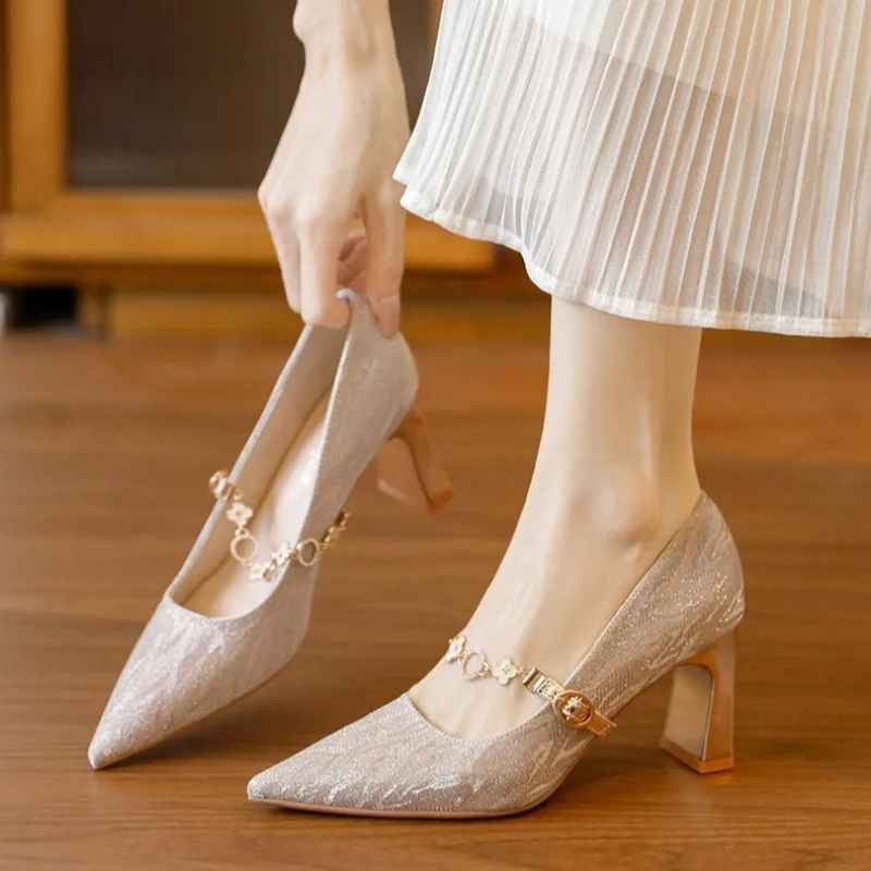 French Pointed Toe Fine Glitter Metal Chain Strap High Heels Elegant Block Heel Single
French Pointed Toe Fine Glitter Metal Chain Strap High Heels Elegant Block Heel Single