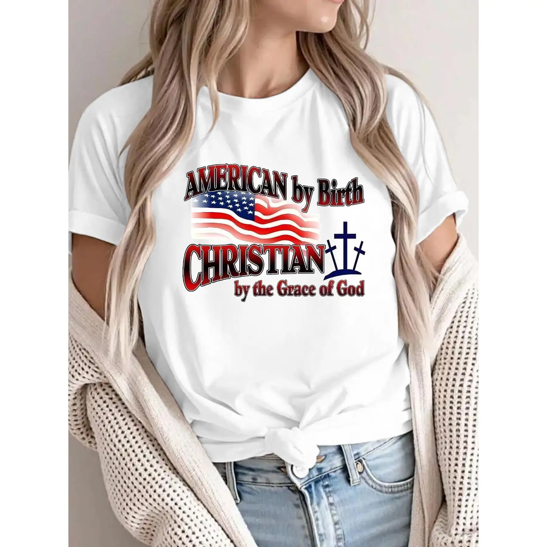 Women's Patriotic Christian T-Shirt, "American by Birth Christian by the Grace of God" Faith, American Flag Cross Print Blouse
Women's Patriotic Christian T-Shirt, "American by Birth Christian by the Grace of God" Faith, American Flag Cross Print Blouse