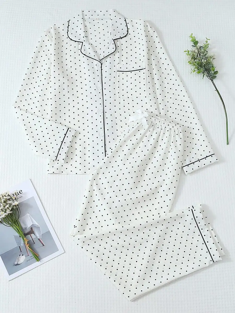 2pcs Women Polka Dot Pajama Set, Long Sleeve Button Collar Top And Pants, Casual Sleepwear Homewear Suit For Autumn/Winter, Fall
2pcs Women Polka Dot Pajama Set, Long Sleeve Button Collar Top And Pants, Casual Sleepwear Homewear Suit For Autumn/Winter, Fall