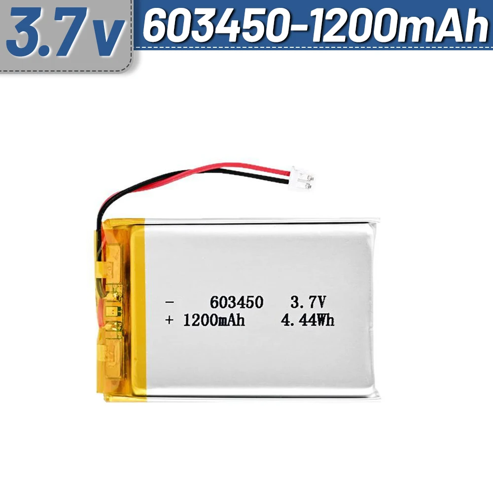 Rechargeable 603450 Lithium Polymer LiPo Battery, 3.7V 1200mAh, 2 Pin Plug PH2.0/XH2.54/JST1.25 Connector, Suitable for MP3, Lap
Rechargeable 603450 Lithium Polymer LiPo Battery, 3.7V 1200mAh, 2 Pin Plug PH2.0/XH2.54/JST1.25 Connector, Suitable for MP3, Lap