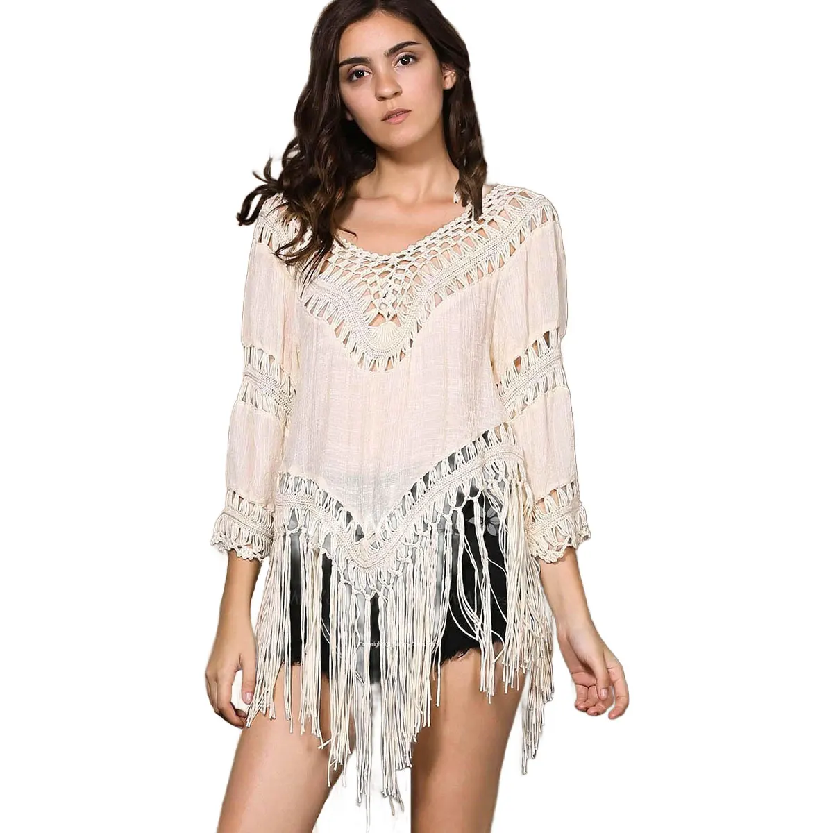 Cotton Linen Hollow Out Hand Crochet Women Bikini Cover Up Long Tassels Fringed Beach Dress V-neck Half Sleeve
Cotton Linen Hollow Out Hand Crochet Women Bikini Cover Up Long Tassels Fringed Beach Dress V-neck Half Sleeve