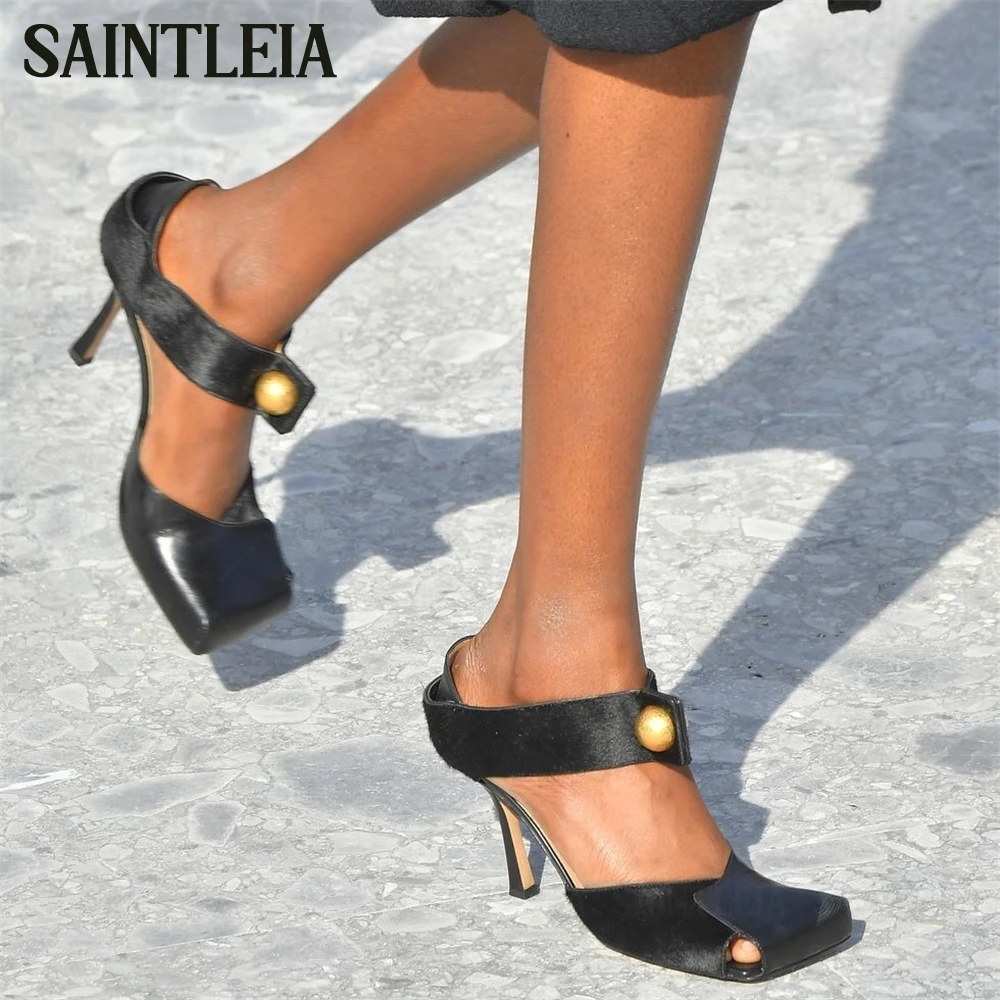 Novelty Square Toe Stiletto Sandals Black Leather and Calf Hair Ankle Strap Sandals Metallic Gold Button Summer Shoes for Women
Novelty Square Toe Stiletto Sandals Black Leather and Calf Hair Ankle Strap Sandals Metallic Gold Button Summer Shoes for Women