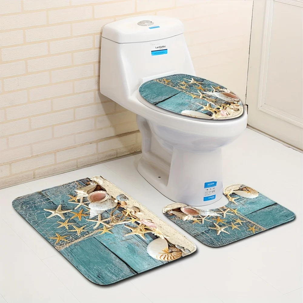 Набор ковриков для ванной комнаты на пляжной тематике из 3 предметов с морской звездой и ракушками, включая чехол на сиденье унитаза и напольный коврик, U-образный нескользящий коврик
Набор ковриков для ванной комнаты на пляжной тематике из 3 предметов с морской звездой и ракушками, включая чехол на сиденье унитаза и напольный коврик, U-образный нескользящий коврик