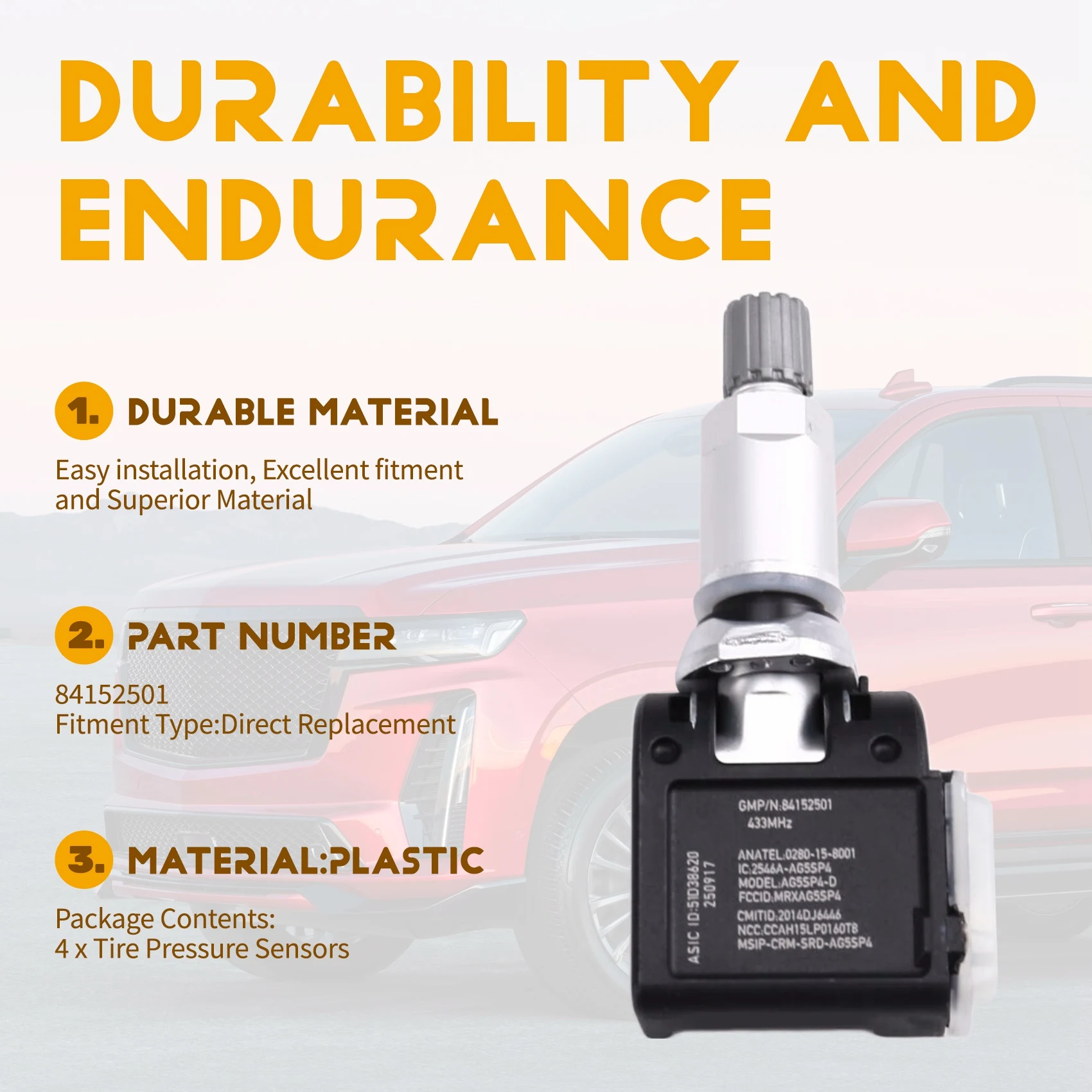 Для Cadillac Escalade Suburban Silverado GMC Sierra Yukon 2021-2024 4 шт. датчики давления в шинах 84152501-AD39 
Для Cadillac Escalade Suburban Silverado GMC Sierra Yukon 2021-2024 4 шт. датчики давления в шинах 84152501-AD39