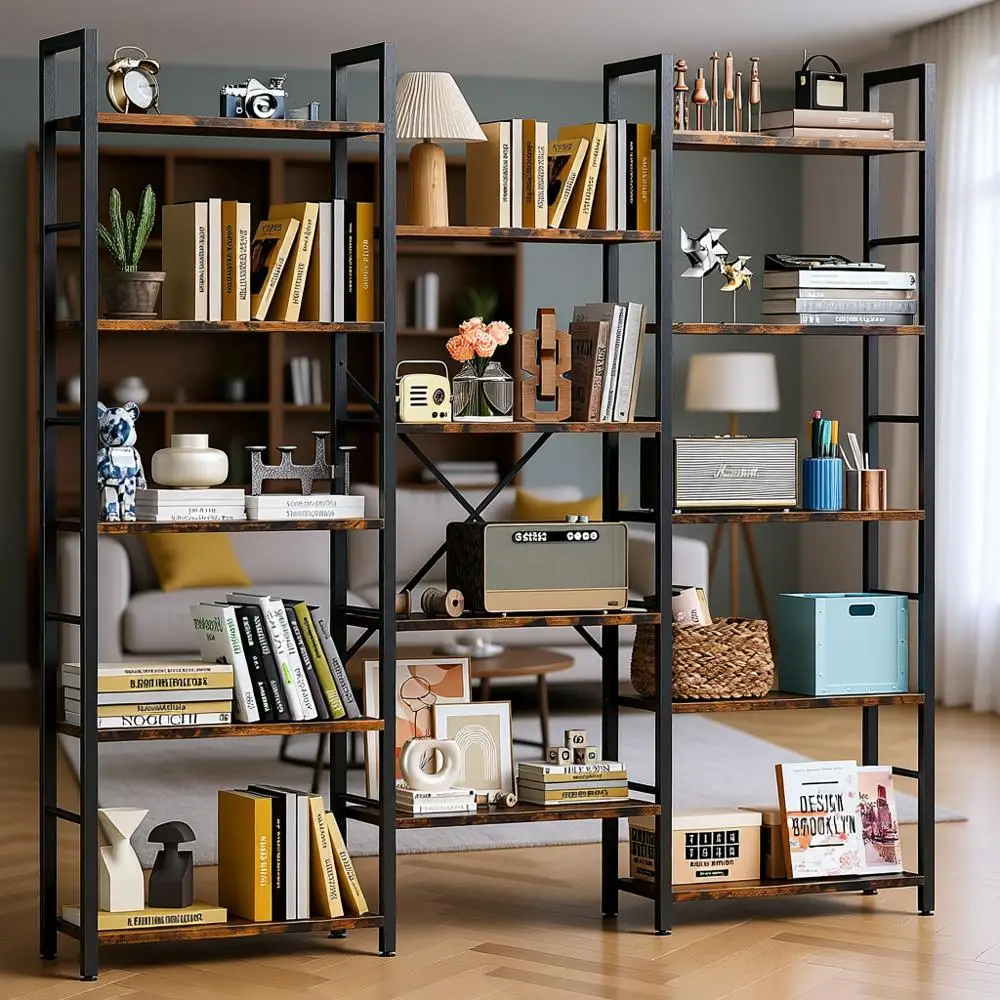 Triple Column 5 Tier Large Bookcase, Industrial Style Display Shelves, Wide Bookshelf for Home & Office, Rustic Brown
Triple Column 5 Tier Large Bookcase, Industrial Style Display Shelves, Wide Bookshelf for Home & Office, Rustic Brown