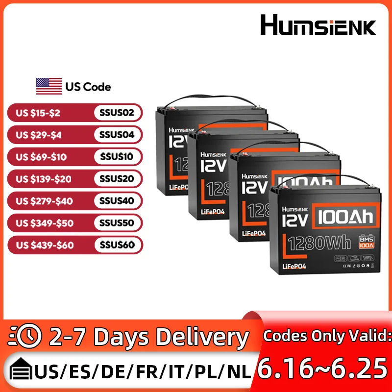 Humsienk 12V 100Ah LiFePO4 Battery 4-Pack A+ Cell Deep Cycle For RV Golf Cart Marine Yacht Camping Fishing Home Backup Power
Humsienk 12V 100Ah LiFePO4 Battery 4-Pack A+ Cell Deep Cycle For RV Golf Cart Marine Yacht Camping Fishing Home Backup Power