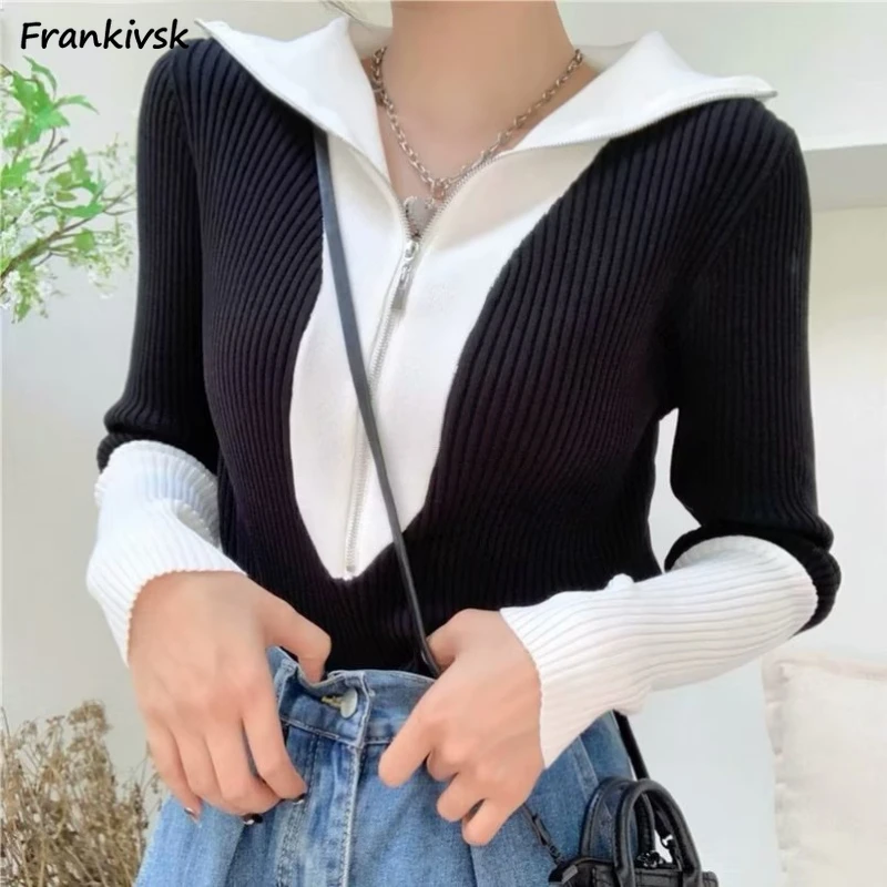Contrast Color Pullovers Women Turn-down Collar Slim Zipper Elegant Korean Style Office Lady Fashion Leisure Autumn Streetwear
Contrast Color Pullovers Women Turn-down Collar Slim Zipper Elegant Korean Style Office Lady Fashion Leisure Autumn Streetwear